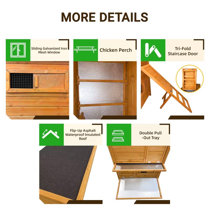 Chicken Coop, Double-House Wooden Chicken Coop For 6-8 Chickens With 3 Nesting Boxes And 2 Pull-Out Trays, A Foldable Ramp