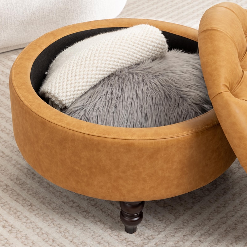 SEYNAR 29.5''Modern PU Leather Round Storage Ottoman with Wood Legs