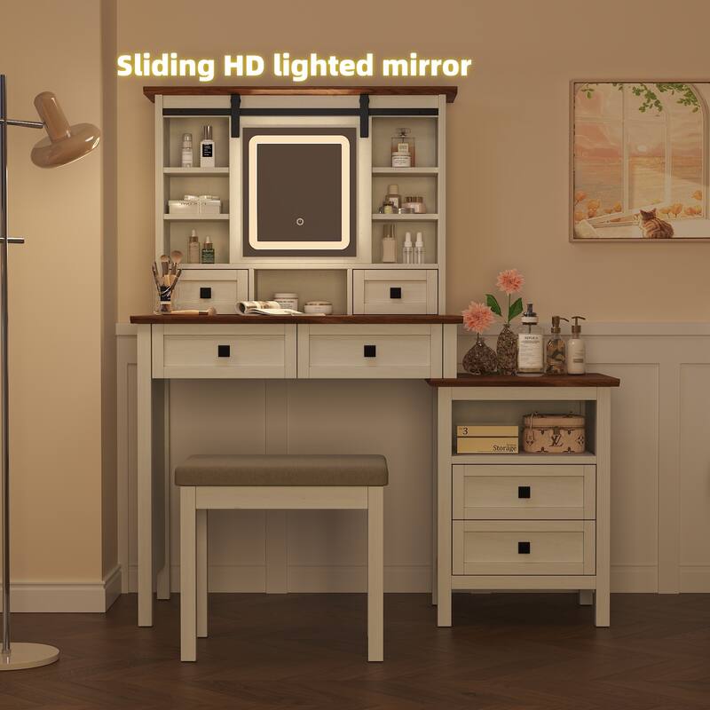 46.5'' Farmhouse Makeup Vanity Desk with Adjustible LED Lighted Mirror and Charging Station for Bedroom