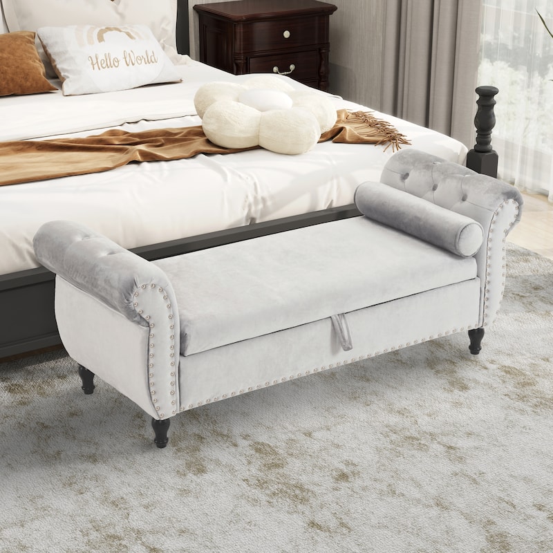 Velvet Storage Rectangular Bench With 1 Pillow,Ottoman For Living Rooms And Entryway - Gray