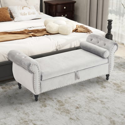 Velvet Storage Rectangular Bench With 1 Pillow,Ottoman For Living Rooms And Entryway