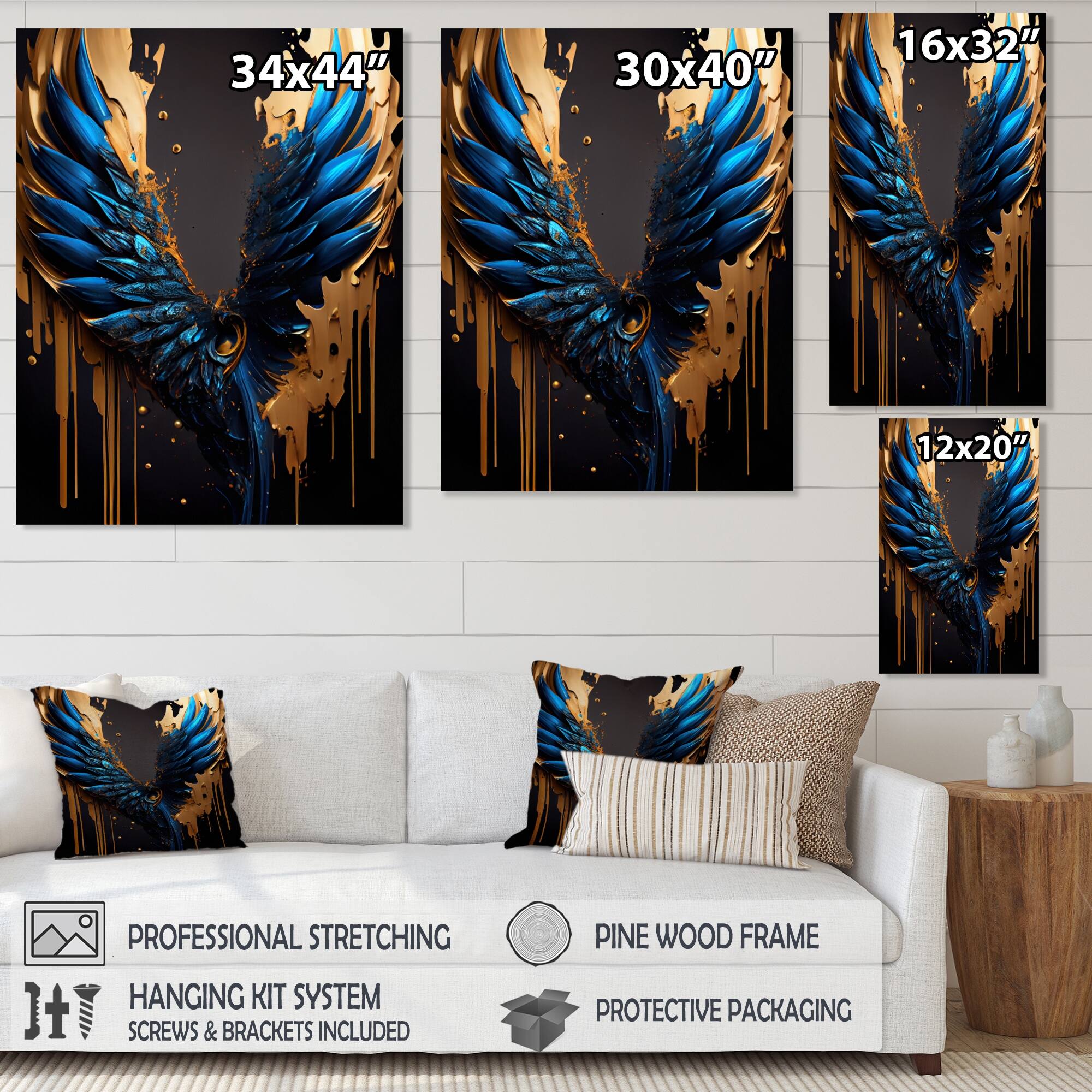 Designart 'Blue And Gold Angel Wings II' Contemporary Glam Canvas Wall ...