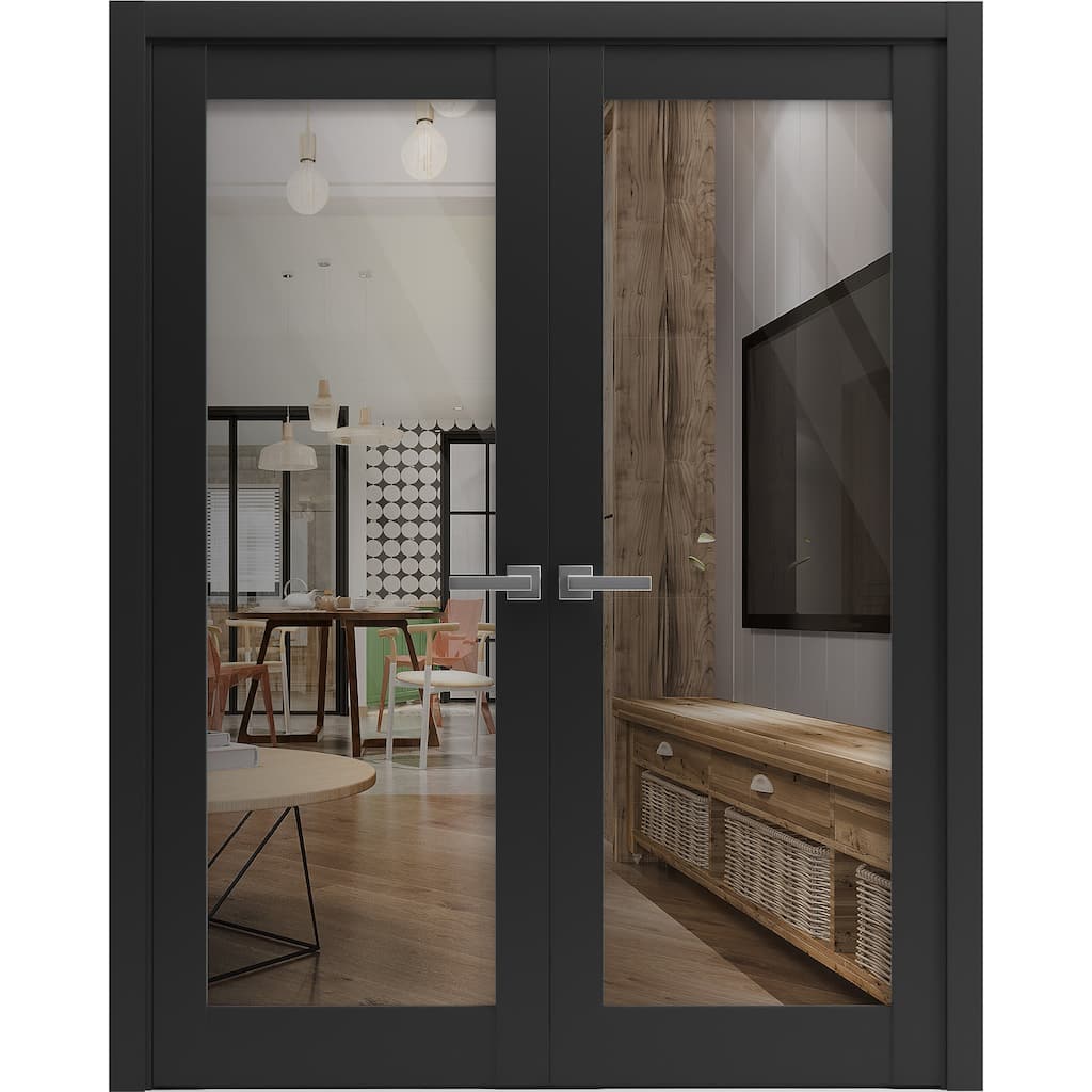 SartoDoors Lucia 2166 | Interior French Doors Double French | Solid Wood w/ Glass | Slab Only | 36x80, Matte Black