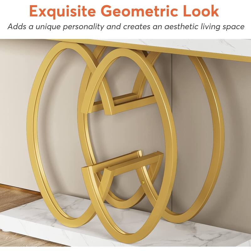 55" Faux Marble Console Table, Gold Geometric Entryway Table, Modern Narrow Sofa Accent Table for Living Room, Hallway, Foyer