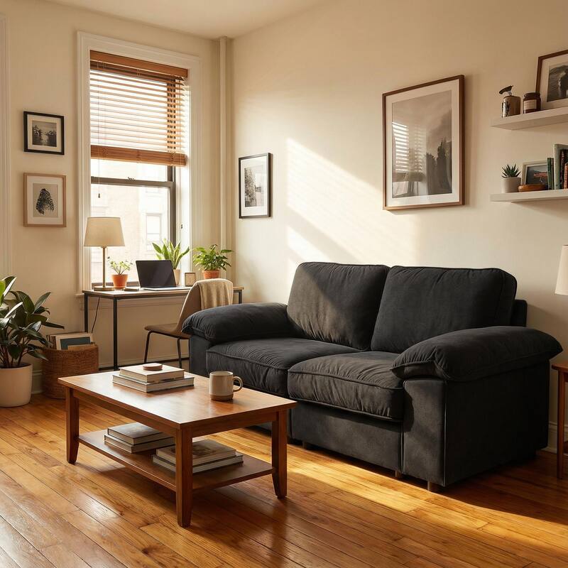 Roomfitters Modern Overstuffed Upholstered Sofa with Hidden Storage and Padded Arms, Comfy Loveseat for Small Space