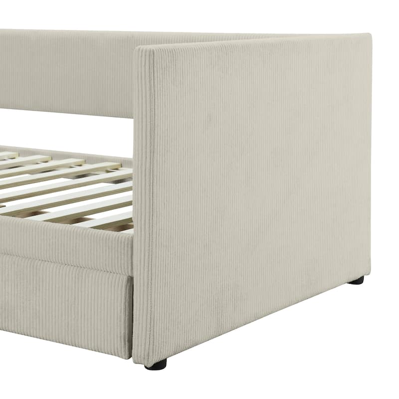 Vertical Lines Corduroy Daybed Wood Platform Bed with 2 Armrests & 2 Storage Drawers, Wood Slat Panel Bed