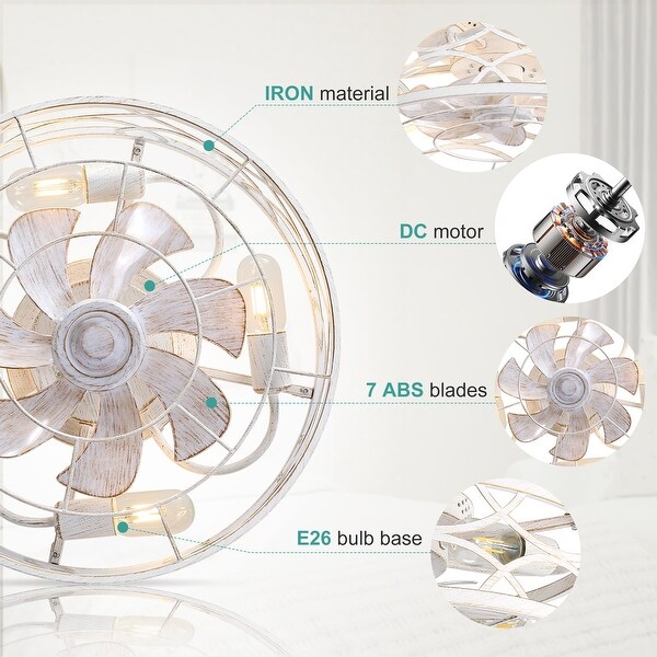 18in Vintage Distressed White Caged Ceiling Fan with Remote Light
