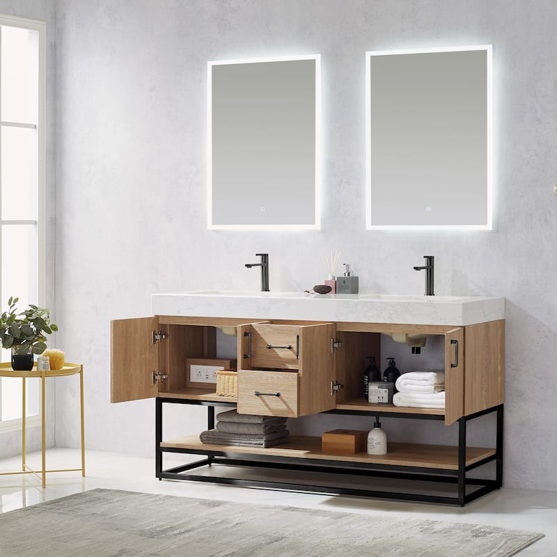 Alistair 60" Double Vanity with White Grain Stone Top without Mirror