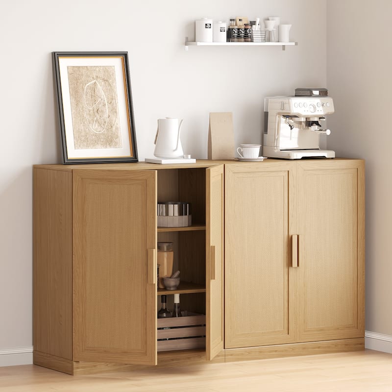 62"LX36"H Solid Wood Kitchen Pantry Sideboard Buffet Cabinet Storage with Rattan Doors
