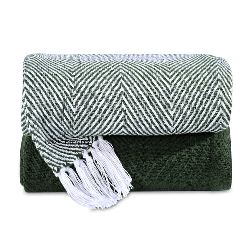 Hand Woven Cotton Throw Blankets All-Season with Fringes, 50x60" - Set of 2 - Green