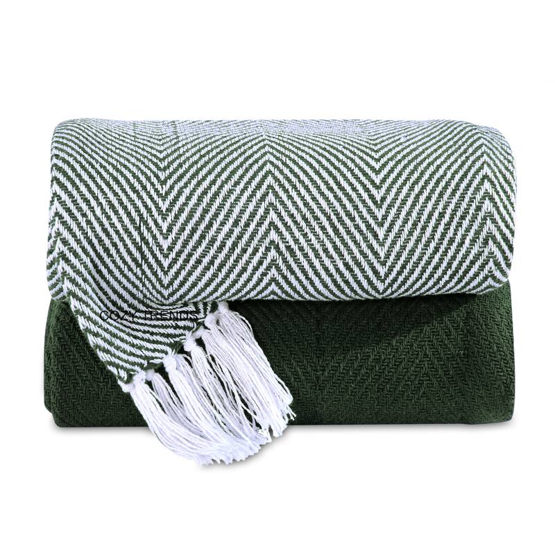 Rustic Farmhouse Cotton Chevron Blanket Throws - Set of 2 with Fringe 50X60 Inches - 50''x60'' - Green