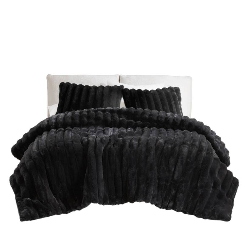 3PCS Full/Queen Fluffy Faux Fur Comforter Set with Ribbed Texture and Velvet Backing
