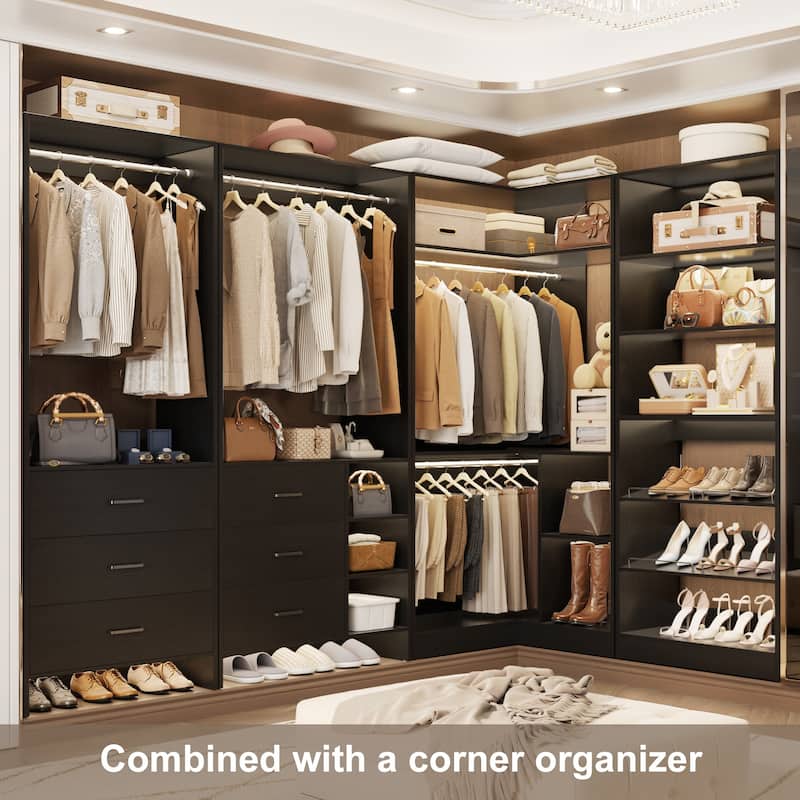 Set of 3 Closet System with Drawers and Shoe Rack, Freestanding Closet Organizer with Hanging Rods and Tower Shelves
