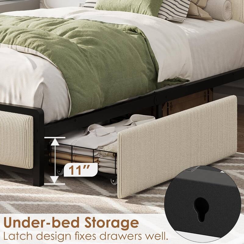 Twin Size Platform Bed Frame with 2 Storage Drawers and Charging Station