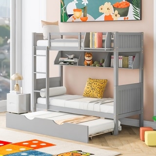 Twin-Over-Twin Bunk Bed with Twin size Trundle , Separable Bunk Bed with Bookshelf for Bedroom