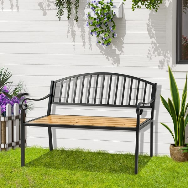 slide 2 of 8, Outsunny 50" Garden Bench, Patio Loveseat with Antique Backrest, Wood Seat and Steel Frame Black