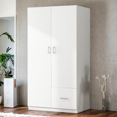 Wooden Wardrobe with Double Doors, Armoire with Hanging Rod, 5 Fixed Shelves, and Storage Drawer, White