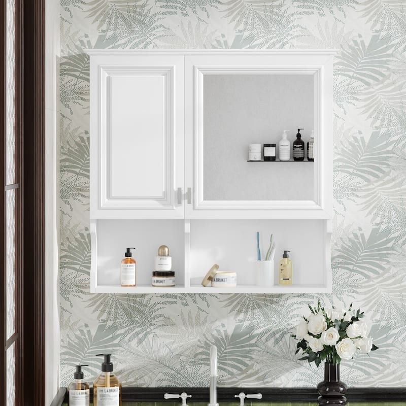 2-in-1 Bathroom Storage Wall Cabinet with Mirror and Adjustable Shelf - White