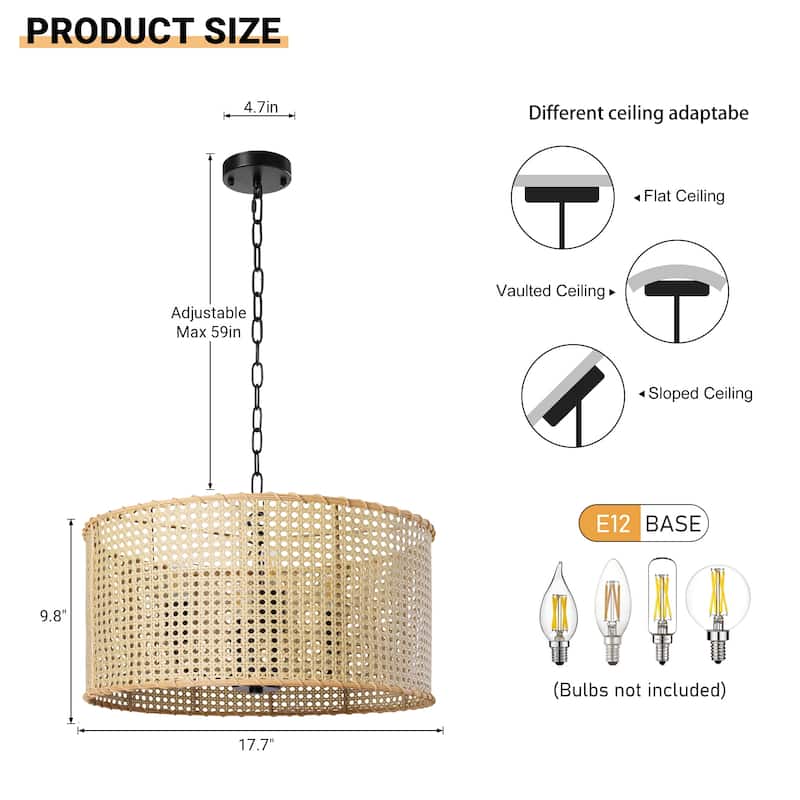4-Light Dimmable Bohemian Hand Woven Drum Chandelier - 17.7"