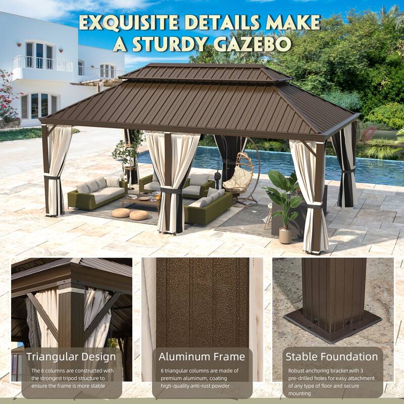 EROMMY Hardtop Gazebo with Galvanized Steel Roof and Curtains, Outdoor Aluminum Pavilion for Patio, Backyard, Lawn