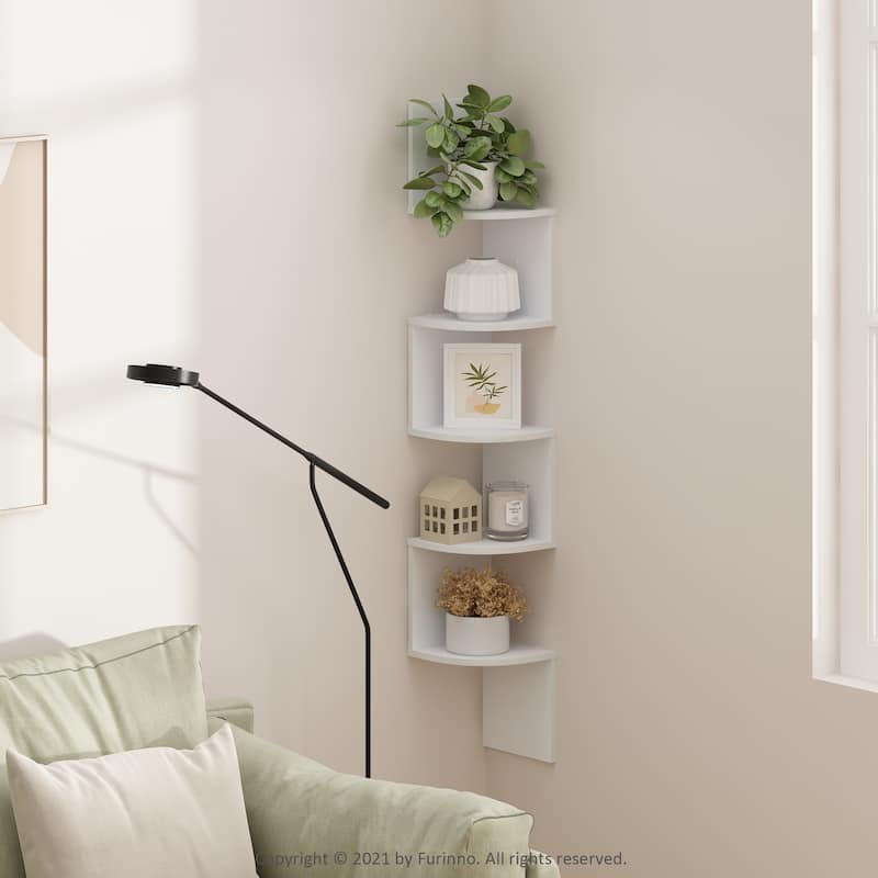 Furinno Rossi 5-Tier Wall Mount Floating Radial Corner Shelf, White