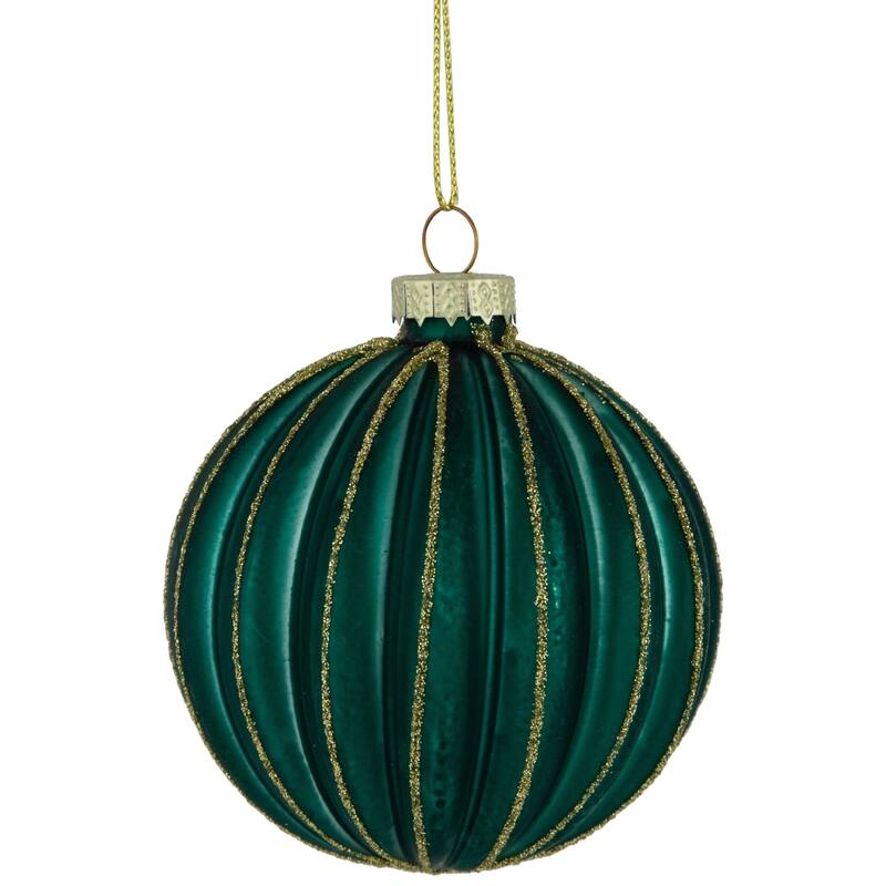 Glittered Ribbed Glass Christmas Ball Ornaments - 3" (75mm) - Green and Gold - 4ct