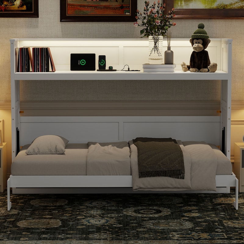 Twin XL Size Murphy Bed with Desk, LED Light and USB Charging Station