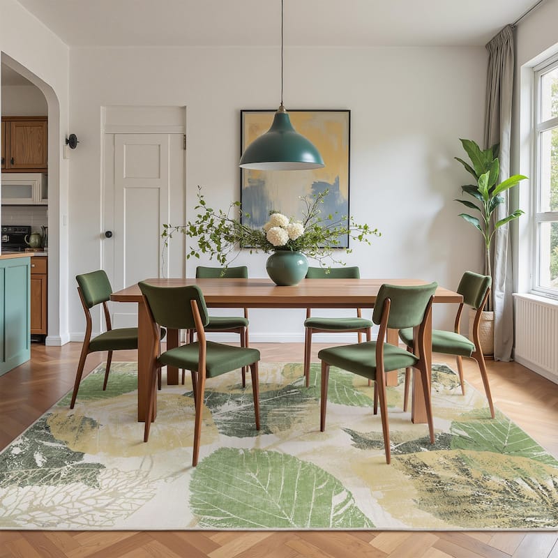 Mcow Leaf Collection Botanical Print Low-Pile Washable Area Rug