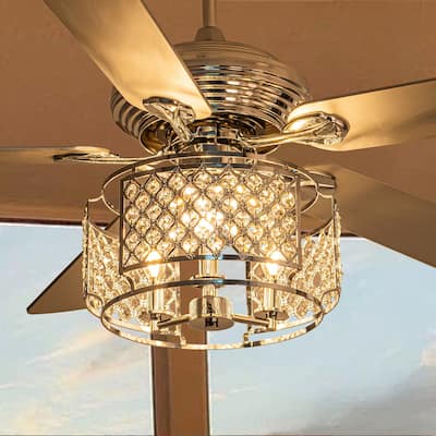 CurveCurio 52'' Modern Chrome Crystal Ceiling Fan w Remote, 4 Wooden Blades & Crystal Light Shade, Quiet DC Motor Ceiling Fan