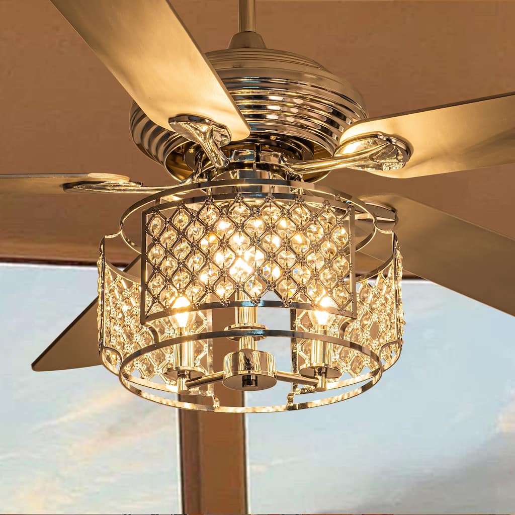 CurveCurio 52'' Modern Chrome Crystal Ceiling Fan w Remote, 4 Wooden Blades & Crystal Light Shade, Quiet DC Motor Ceiling Fan