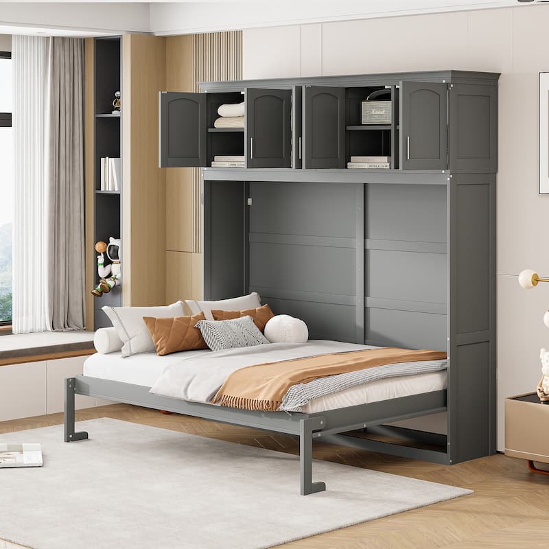 Space-Saving Full Size Wall Bed with Top Cabinets, Gray - Gray