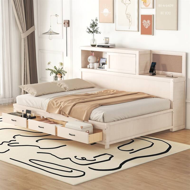 Merax Wooden Daybed with 3 Storage Drawers, Sockets and USB Ports