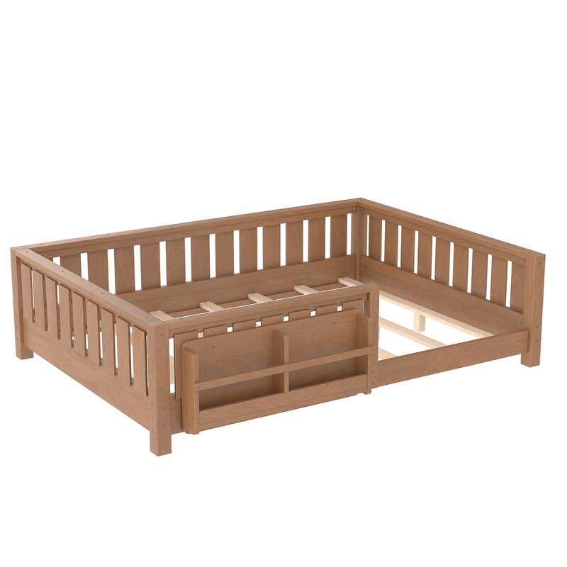 Montessori Floor Bed Low Profile Kids Bed with Rails & Bookshelf