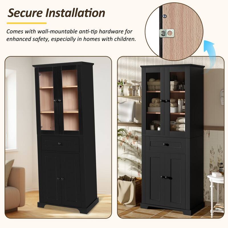 Bathroom Cabinet with Tempered Glass Doors, Adjustable Shelves & Drawer , Soft-Close