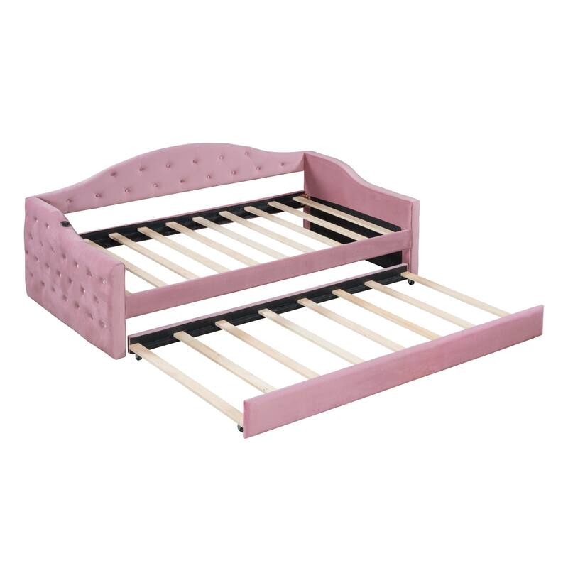 Tufted Upholstered Daybed with Trundle, USB and Type-C Charging Ports