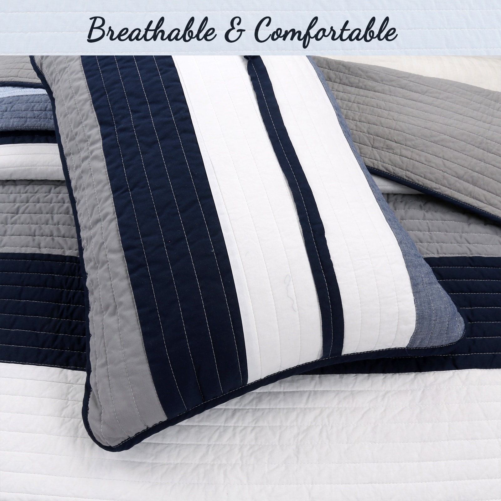 Wayfair Cozy Line Home Fashion Tranquil Blue Gray Stripes Cotton Striped Quilt Set
