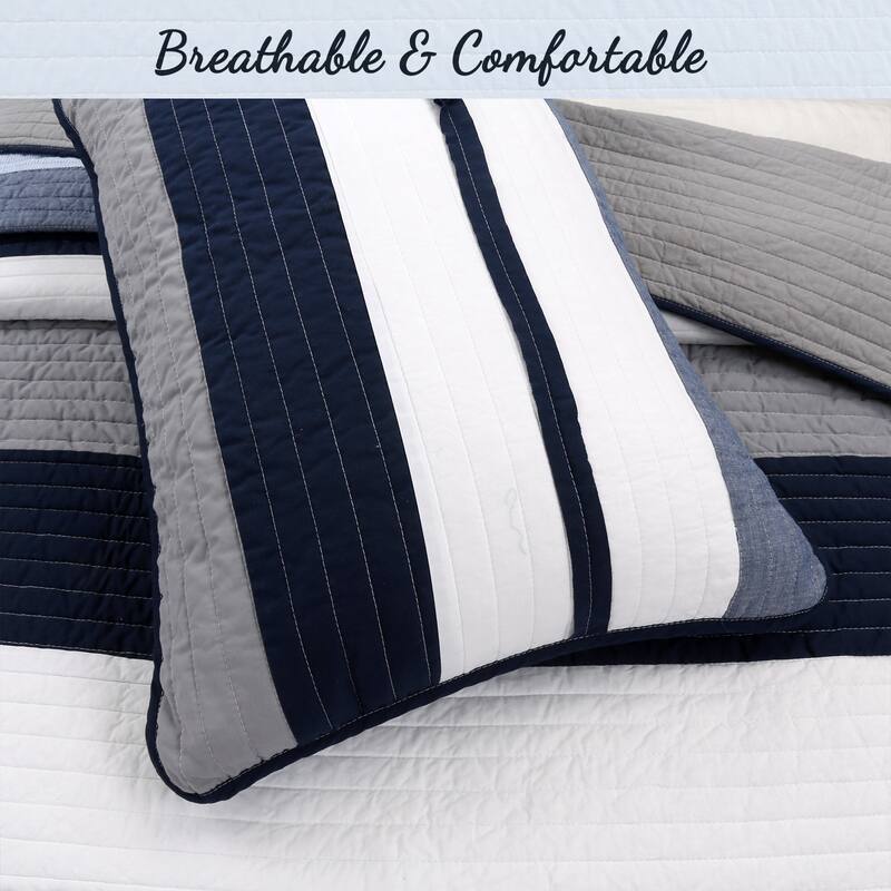 Cozy Line Tranquil Blue Gray Stripes Cotton Quilt Bedding Set