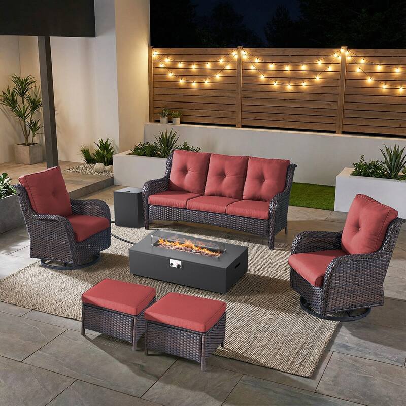 Pocassy Patio 5/7 Piece Sofa Swivel Chair Ottoman with Fire Pit Table - Brown Wicker Red Cushion - 7-Piece Sofa Swivel Chair Ottoman with Fire Table