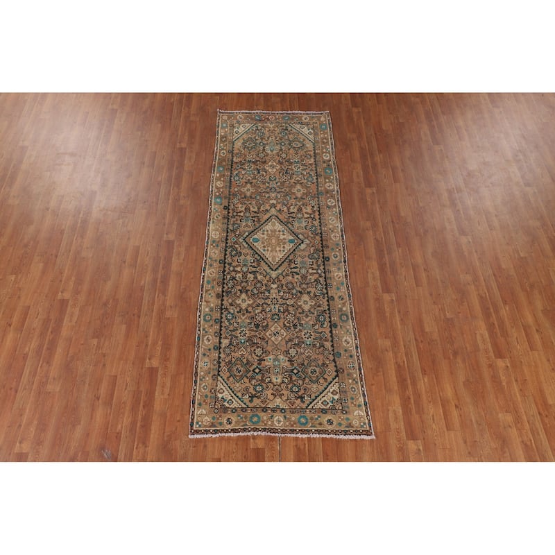 Geometric Hamedan Persian Vintage Runner Rug Handmade Wool Carpet - 3'5" x 9'5"
