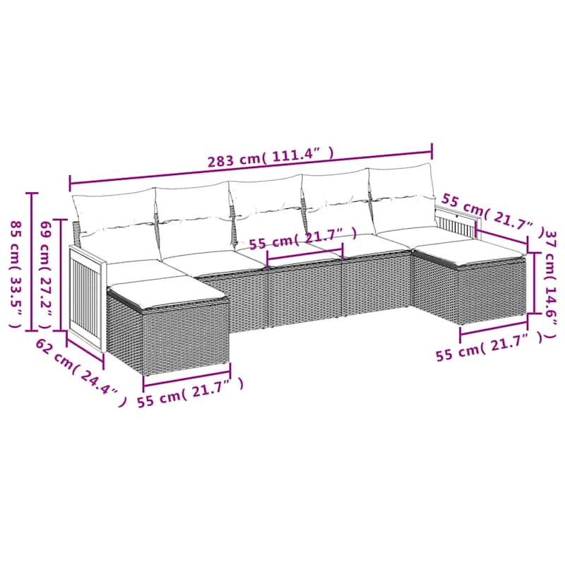 vidaXL 7/8 Piece Patio Sofa Set with Cushions Black/Gray Poly Rattan - 21.7 x 24.4 x 27.2