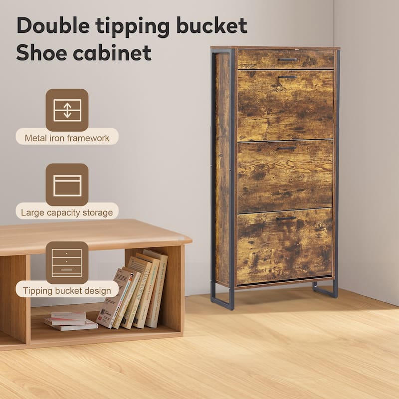 Hidden Wood Shoe Storage Cabinet, Narrow Shoe Cabinet with Drawers, 3-Tier 15 Pair Shoe Rack for Hallway, Entryway