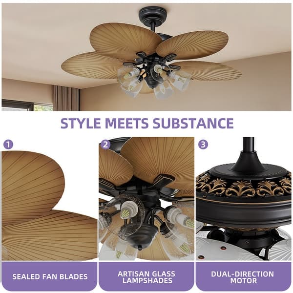 Moasis 52" Tropical Indoor/Outdoor Ceiling Fans with Remote, 5 Blades Palm Leaf Fan