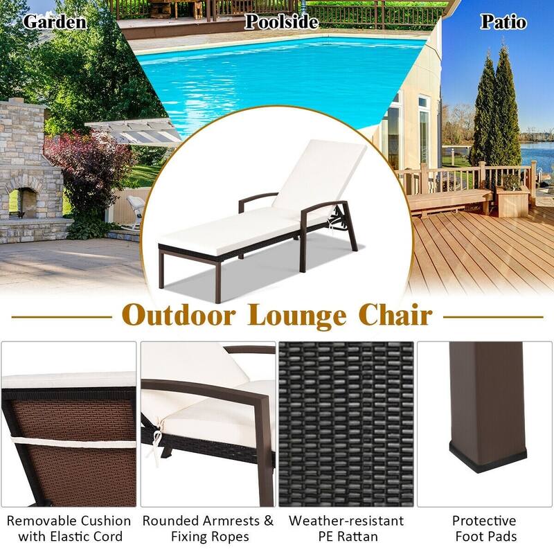 Outdoor Adjustable Reclining Patio Rattan Lounge Chair with Adjustable Backrest - 76" x 24" x (14"~38") (L x W x H)
