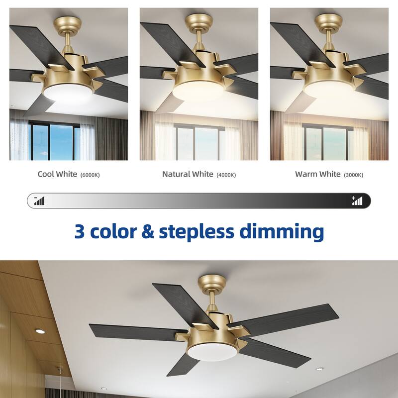 Moasis 52 inch 3-Color LED Ceiling Fan Light with 5 Wooden Blades and Remote - 52"