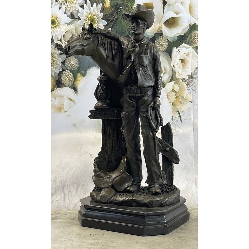 Cowboy Saddling Imitative Horse Stables Barn Bronze Statue Sculpture Figure 16 Inches X 8 Inches