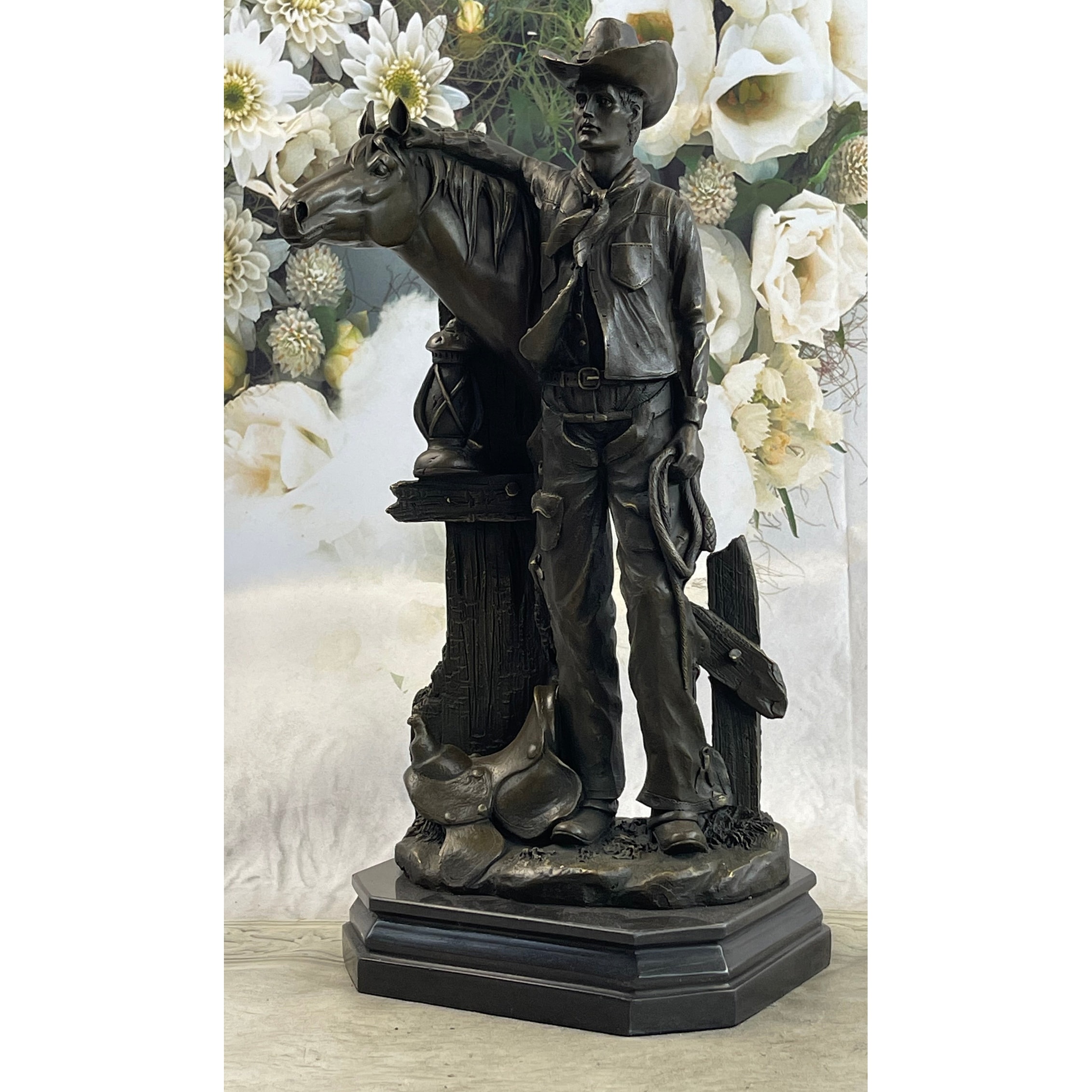 Cowboy Saddling Horse Stables Barn Bronze Statue Sculpture Figure 16 Inches X 8 Inches