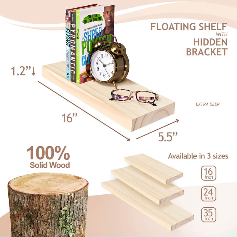 Solid Wood Floating Shelves for Wall - Compact Wooden Wall-Mounted Shelves (16”, Set of 2) - 5.5” L X 16"W X 1.2” H