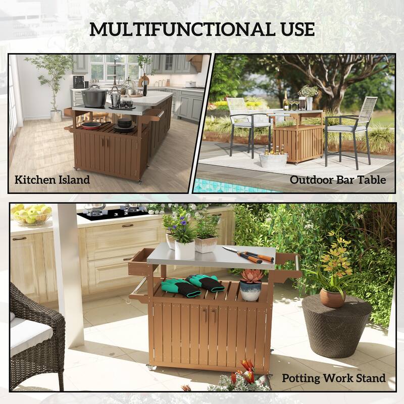 Stainless Steel and HDPE Outdoor Bar Cart with Cabinet, Hooks, and Swivel Casters Mobile Serving Table