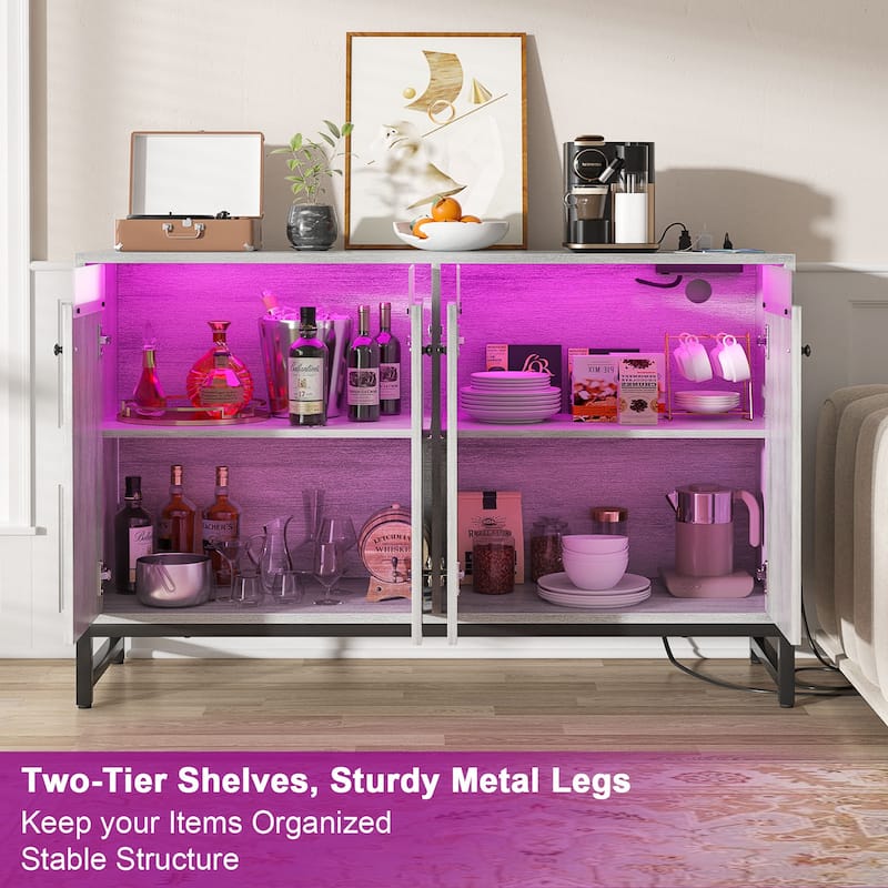 4 Doors Accent Cabinet with Power Outlet, Buffet Cabinet Storage Bar Cabinet with LED Light