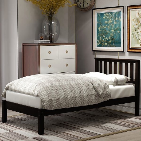 slide 2 of 9, Twin Size Solid Wooden Construction Platform Bed with Headboard/Wood Slat Support Black